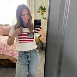 Vintage American Flag Short-Sleeve Sweater. White. Petite Small.